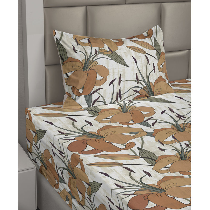 Ambesonne Watercolor Botany Sheet Set 4 Pcs Retro Boho Bloom, Twin Sheet Set with 1 Pillowcase