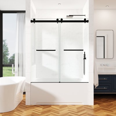62-67" W X 66" H Frameless Double Sliding Tub Door with 3/8" (10mm) Clear Tempered Glass, Shatter-Resistant Film & Installation Hole Locator