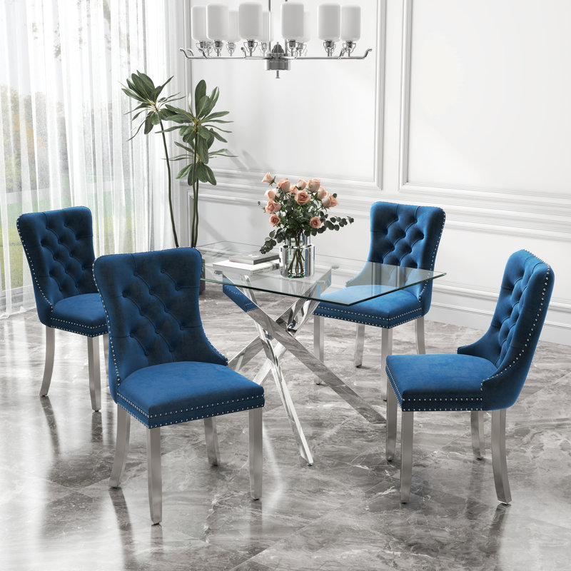 Ensemble de table de salle à manger rectangulaire en verre trempé, table de salle à manger de luxe avec chaise de salle à manger en velours capitonné
