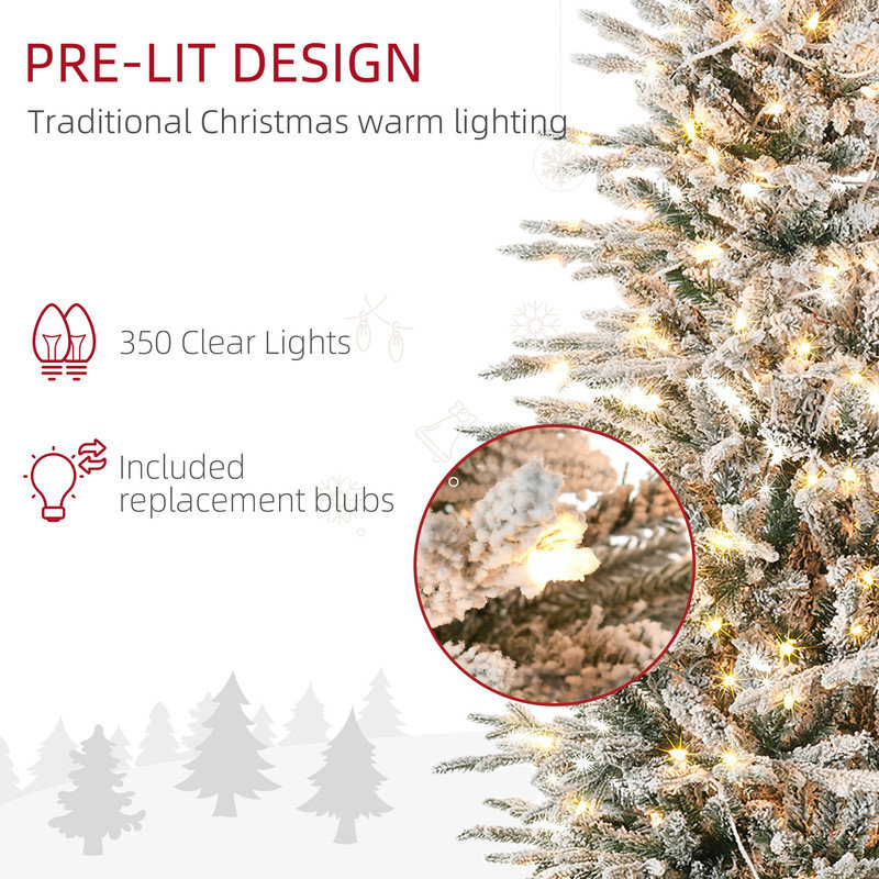 Sapin de Noël artificiel de 2,3 m (7,5 pi) pré-illuminé, recouvert de neige floquée, 850 extrémités de branches, 350 lumières jaune chaud transparentes, ouverture automatique et ampoules de rechange pour la décoration intérieure des fêtes