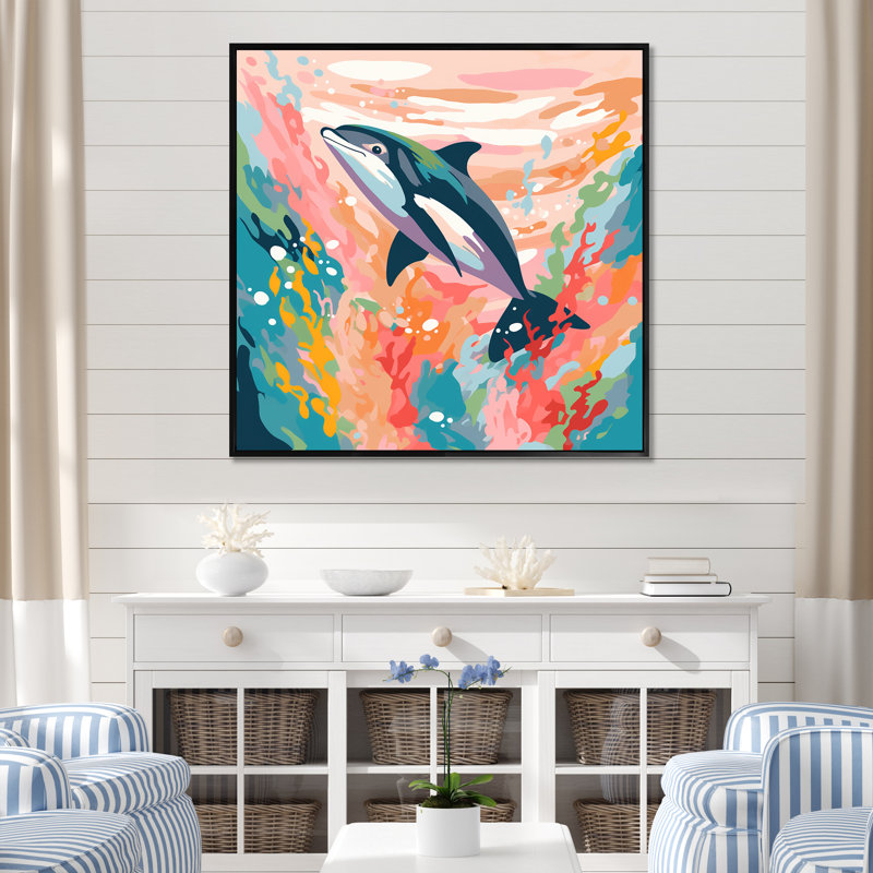 «Aquatic Elegance Dolphin Impression», art mural dauphin animaux, H 16 po x l 16 po x P 1 po, Encadrement doré