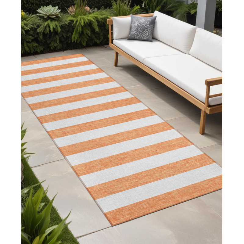 2' X 8' Salmon Striped Washable Indoor Outdoor Runner Rug