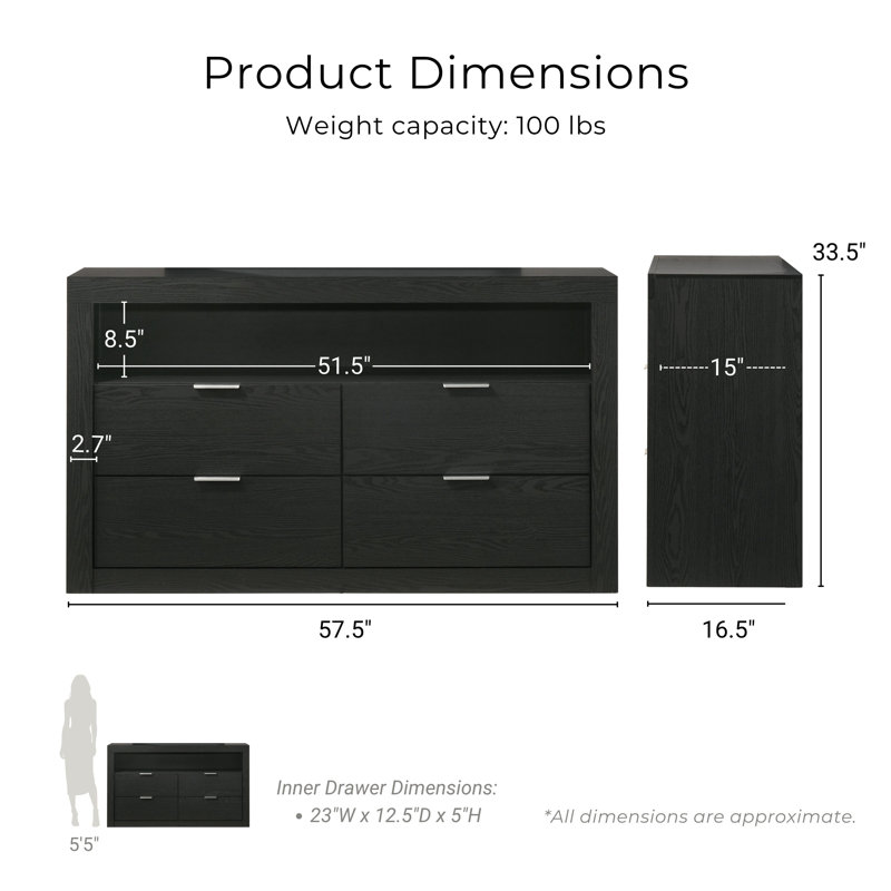 Hildebran 4-Drawer Dresser With Shelf, Black