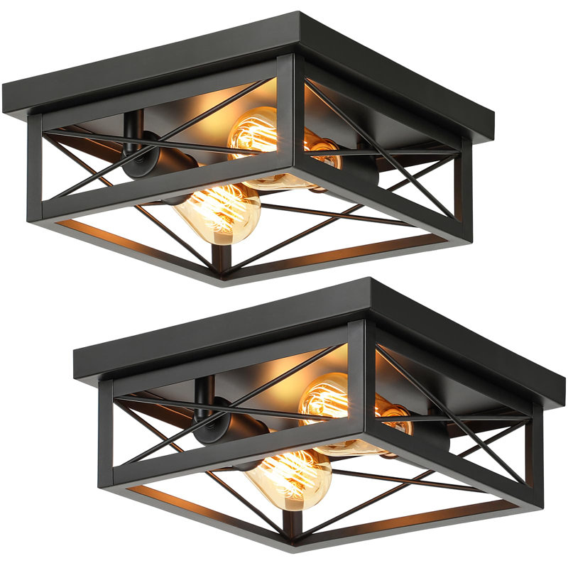 2-Light Industrial Square Flush Mount Ceiling Light, Farmhouse Ceiling Light Fixture For Kitchen, Modern Black Close To Ceiling Light For Hallway Bedroom Balcony Porch Stairway, E26, 2-Pack