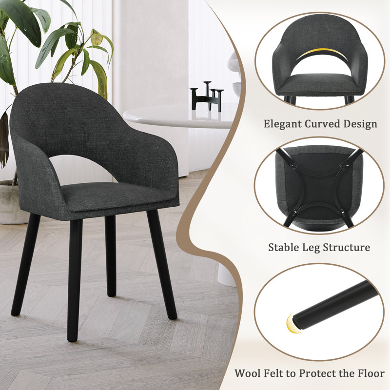 49.5cm H Luxury Fabric Upholstered Dining Chair with Wooden Legs, Black Linen/Black, 2