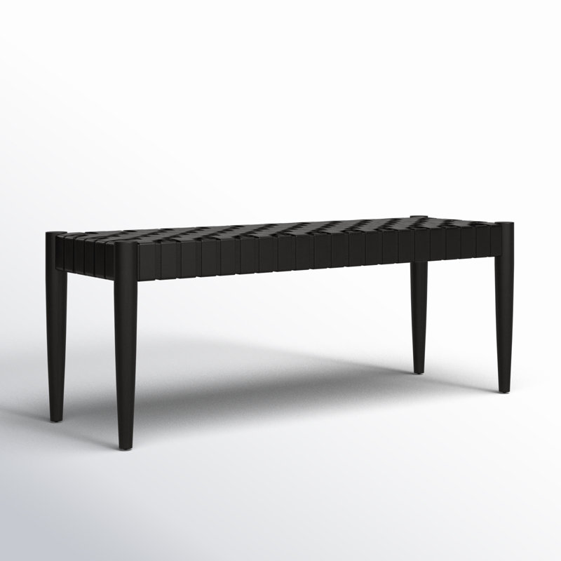 Orin 47" Woven Leather Bench, Black Frame/Black Leather
