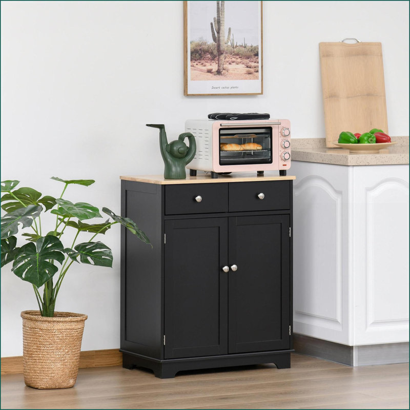 Cabinets with Solid Wood Countertop, Modern Storage with 2 Drawers, Adjustable Shelf &amp; Doors | Black | Dining Room