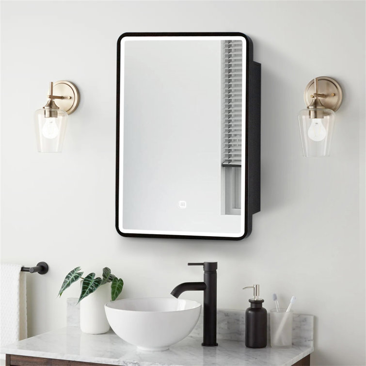 24X30 Inch LED Black Framed Wall Mount Medicine Cabinet With Mirror Anti-Fog Function 3 Colours With Light