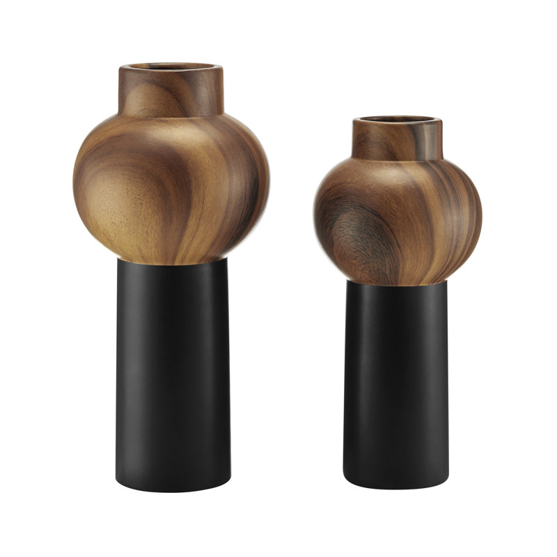Masanari 2 Piece Modern Two Tone Tabletop Vase Set - Black And Walnut