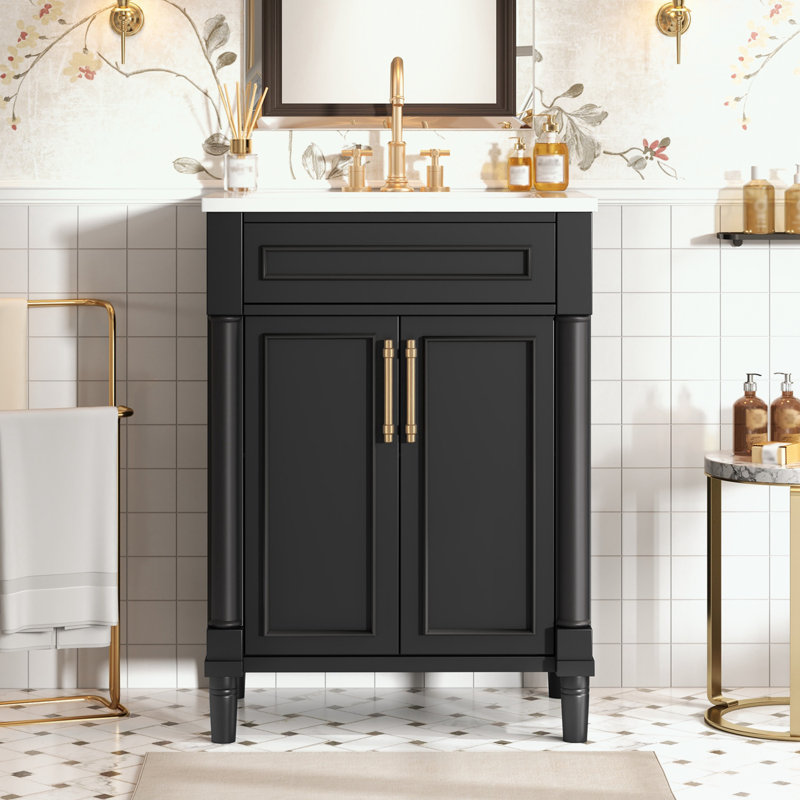Meuble-lavabo avec lavabo, 2 portes et poignées en métal, Noir
