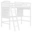 Lit mezzanine simple avec bureau, tablettes et échelle de rangement, structure en bois massif, finition blanche, lit peu encombrant