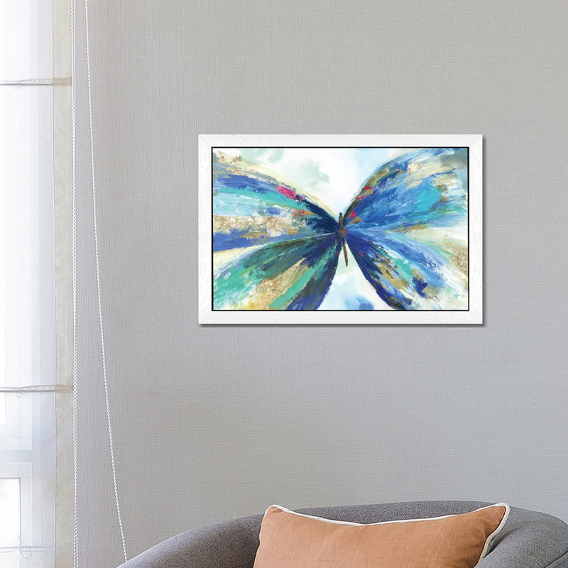 Blue Butterfly by Kelsey Hochstatter - Painting on Canvas, 101.6 cm H x 66.04 cm W, White Floater Framed