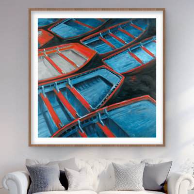 Small Blue and Red Canoes - Coastal Blue Framed Print Decor