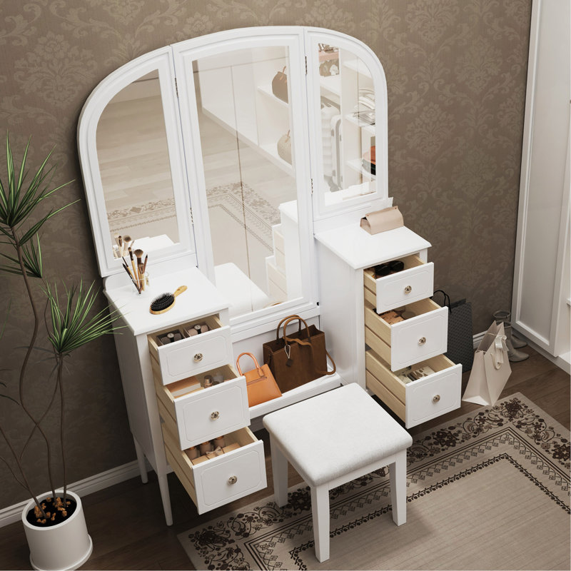 Bureau de coiffeuse antique avec miroir triple, ensemble de coiffeuse à 6 tiroirs avec tabouret, miroir pleine grandeur pour le vestiaire de la chambre à coucher, blanc