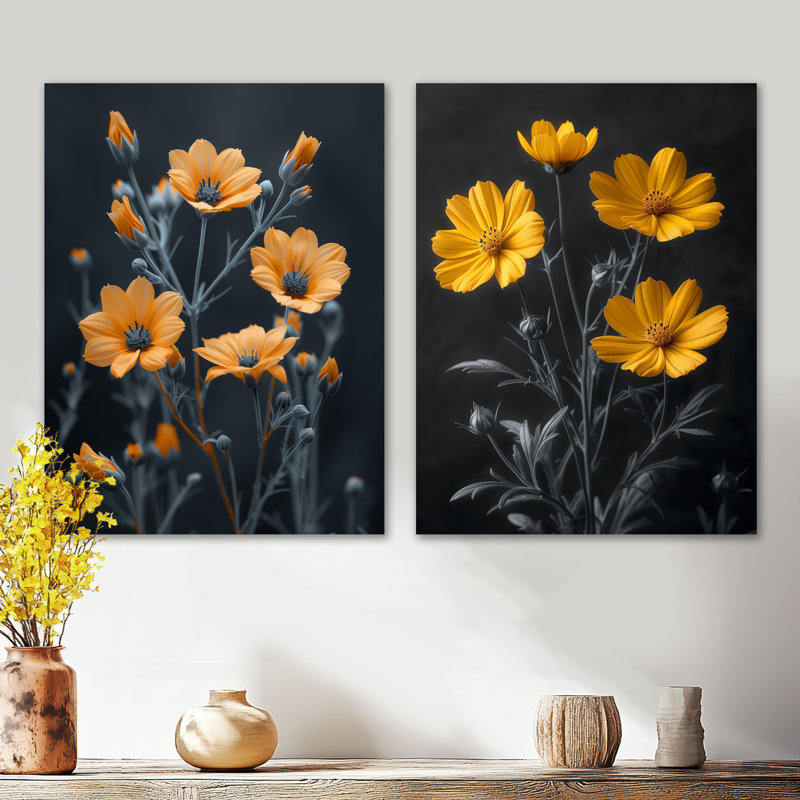 Reproduction murale 2 pièces en métal monochrome jaune et gris Grace II - botanique, 32" H x 48" W