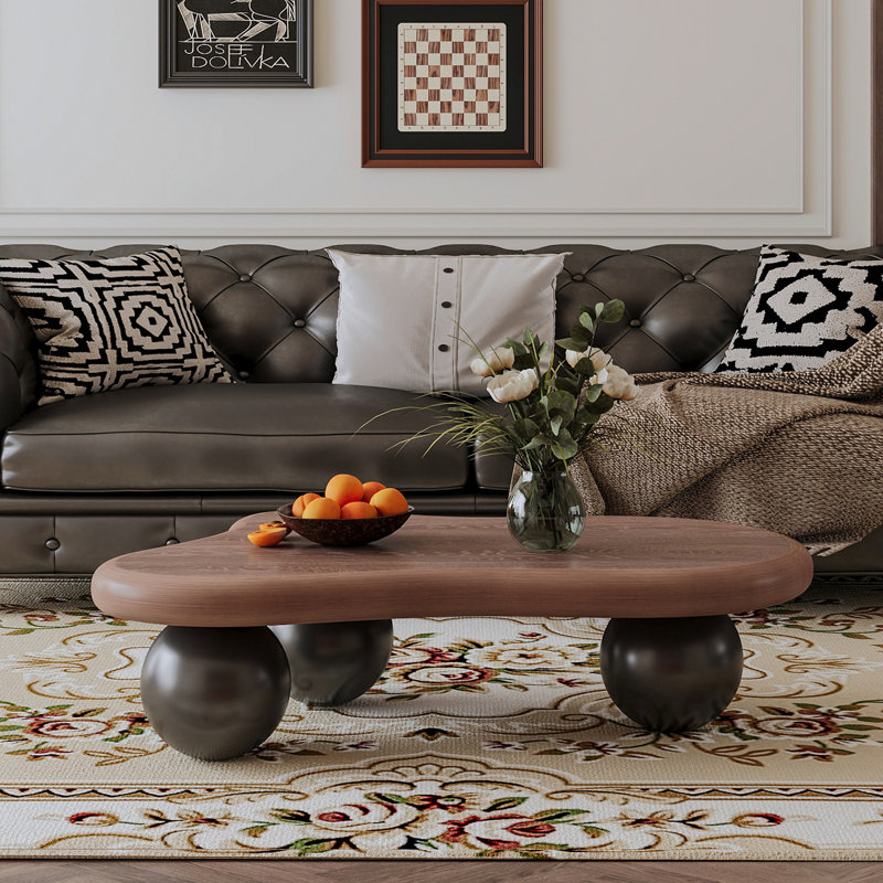 Table basse de 47 pouces en forme de nuage avec 3 pieds sphériques pour le salon, pieds noyer noirs