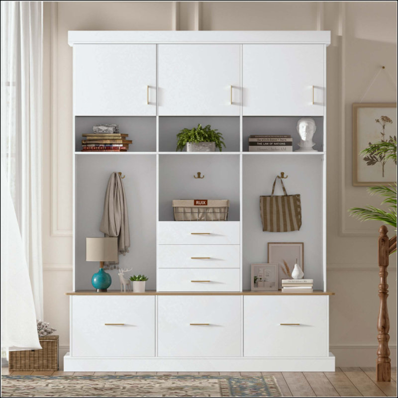 Entryway Hall Tree With Bench And Storage, 5-In-1 Modern Hall Tree With Coat Rack, 6 Drawers, 3 Cabinets And 3-Tier Top Storage For Hallway, Entryway, Living Room, Mudroom