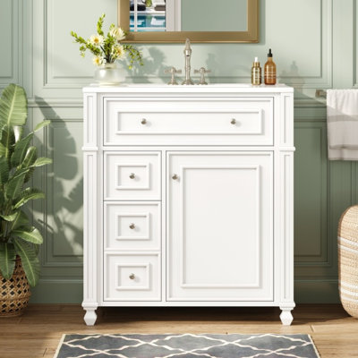 Meuble-lavabo de salle de bain d'inspiration française avec lavabo en céramique et rangement à fermeture en douceur