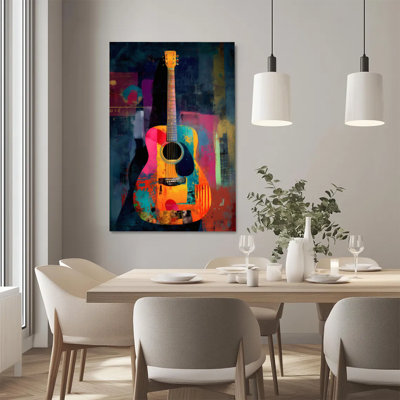 Abstract Expressionist Acoustic Guitar in Vibrant Colors Canvas Wall Art - Gallery Wrap Canvas with Solid Wood Inner Frame, Ready to Hang