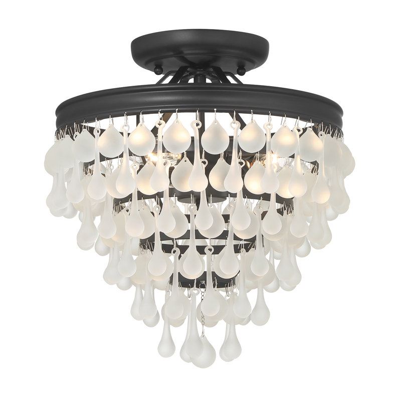 Matte Black Frosted Glass Teardrop 3-Light Semi Flush Mount