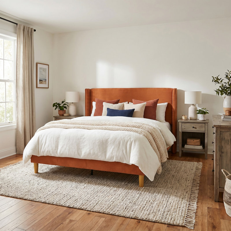 Janine Corduroy Upholstered Wingback Bed with Slat Kit and Solid and Manufactured Wood Frame, Queen, Ocher