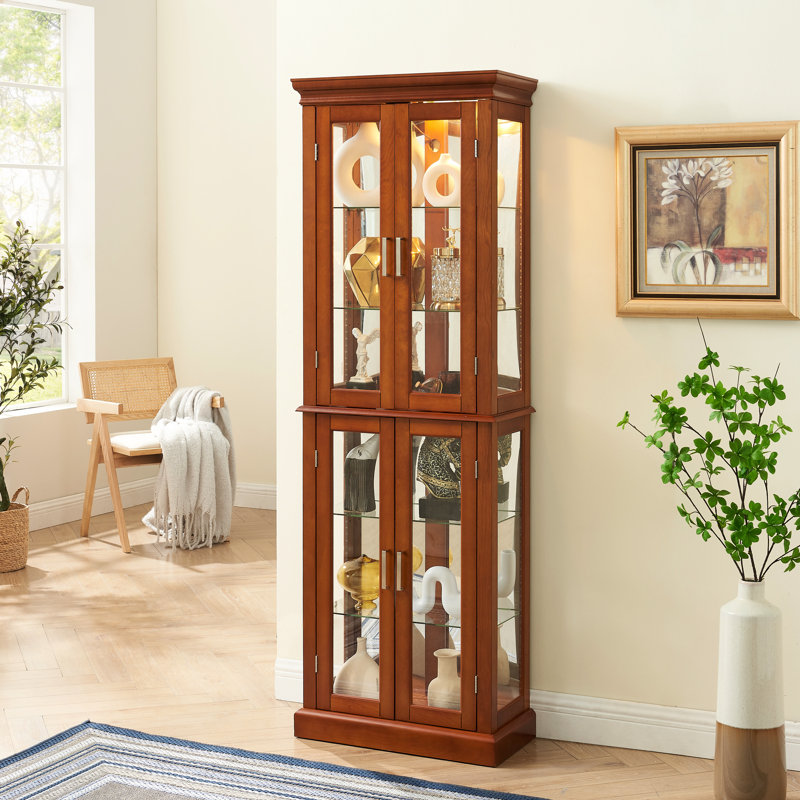 Classic Style Walnut Curio Cabinet With Internal Lighting And Adjustable Shelves - Magnetic Door Hinges 4 Doors Shelving Mirrored Back Extra Storage