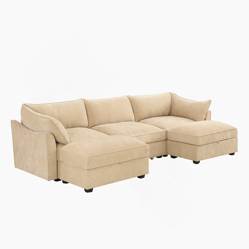 Canapé à assise profonde en U avec repose-pieds 3 places avec repose-pieds, canapé 3 places avec 2 repose-pieds mobiles, canapé modulaire surdimensionné avec tiroir de rangement sous chaque siège, chenille