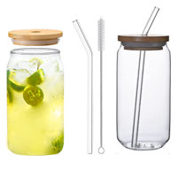 Glass Straw Cup with Bamboo Lid, Cola Shape Cup, 470ml