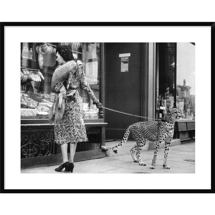 Elegant Woman with Cheetah' Framed in Gray East Urban Home Size: 27 H x 33 W x 1.5 D, Format: White Framed
