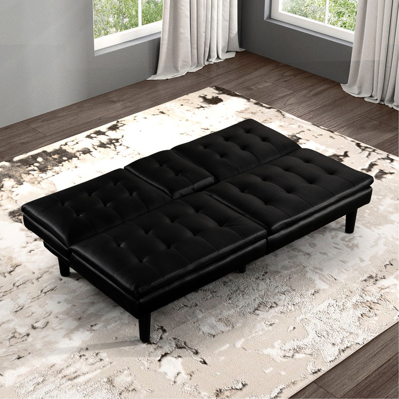 Futon contemporain noir avec capitonnage biscuit, - chargeurs de climatiseur, porte-gobelets et table rabattable, conversion facile au lit, profondeur 2, siège de l 35,5 po x l 71,5 po x H 32 po