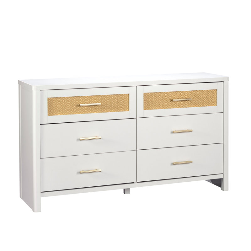 Commode 6 tiroirs Isabella Isle, finition blanche / rotin