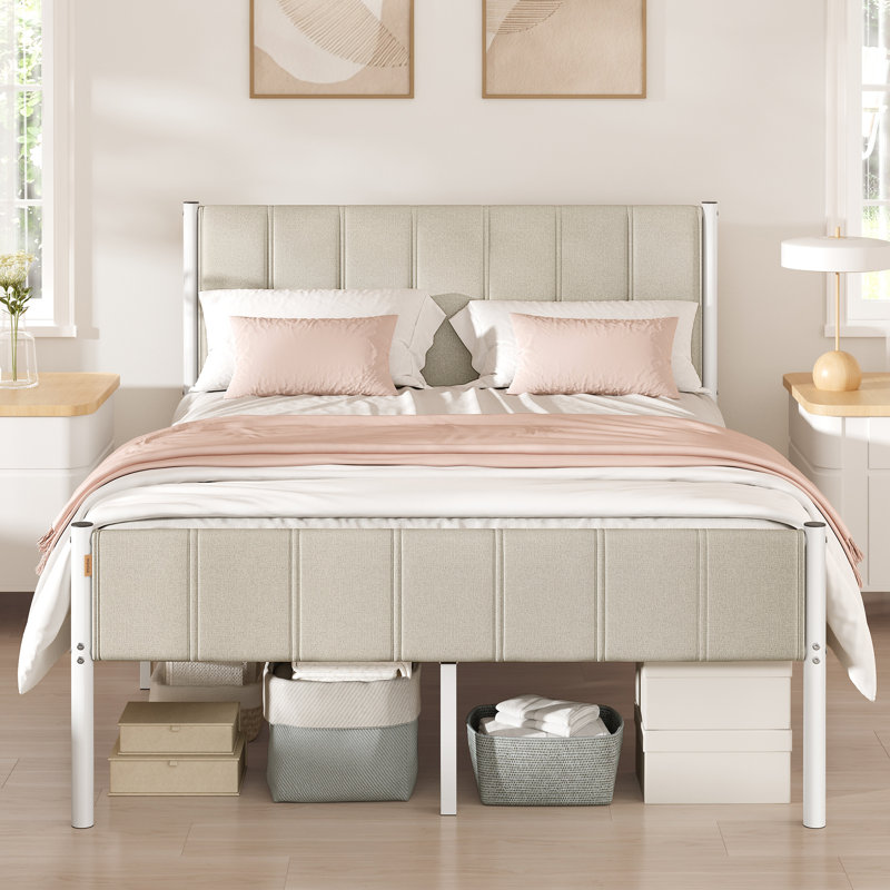 Double Bed Frame with Upholstered Headboard, Beige