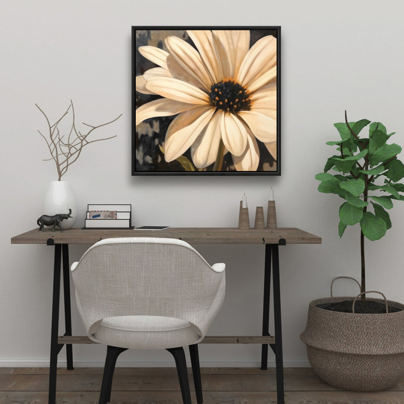 Toile florale noire pour chambre à coucher | «Open Daisy», art mural encadré, H 25,25 po x l 25,25 po