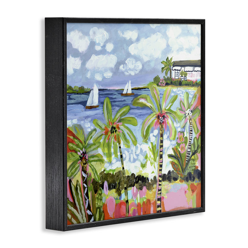 Palmiers au soleil éclatant, estampe numérique, design par Karen Fields, Giclée encadrée noir minuit, H 12 po x l 12 po