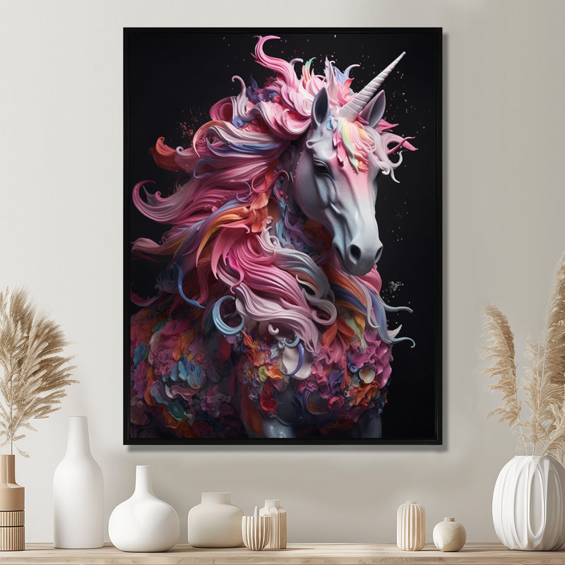 Décoration murale licorne féroce avec crinière rose - licornes, Toile avec cadre flottant noir, H 32 po x l 24 po x P 1 po