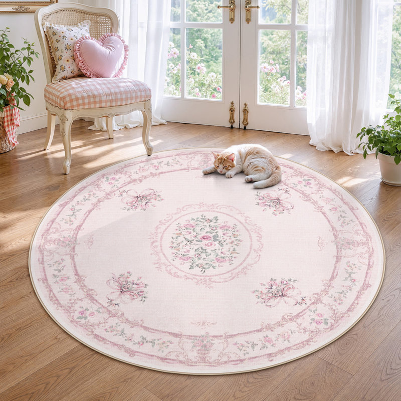 Tapis Boho Vintage, doux, floral, lavable, antidérapant, certifié Oeko-Tex, Light Pink, Round 4'