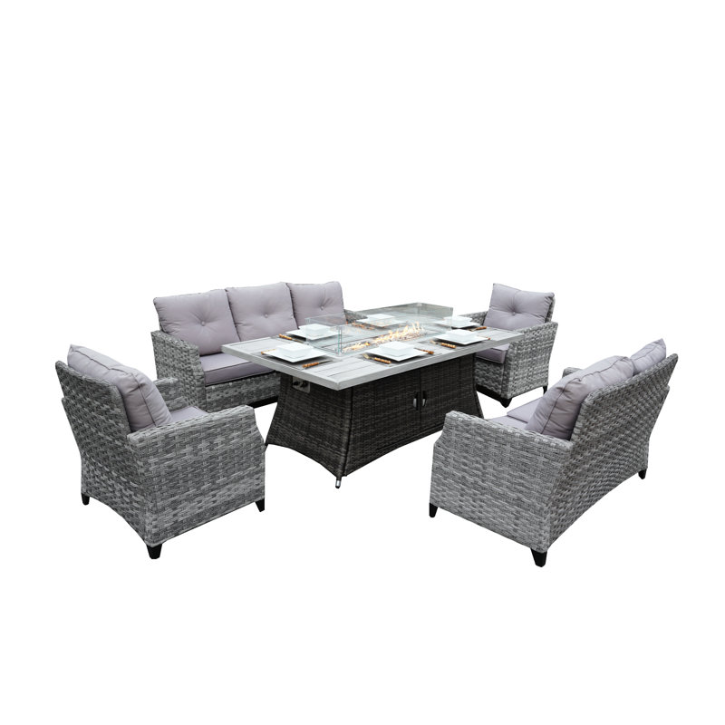 Ensemble de conversation en osier / rotin pour 7 personnes avec coussins Hayden