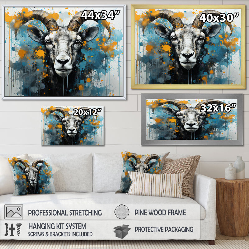 «Blue Yellow Goat Blooms Portrait», art mural animal de chèvre, Cadre d'angle fermé noir, H 12 po x l 20 po x P 1 po