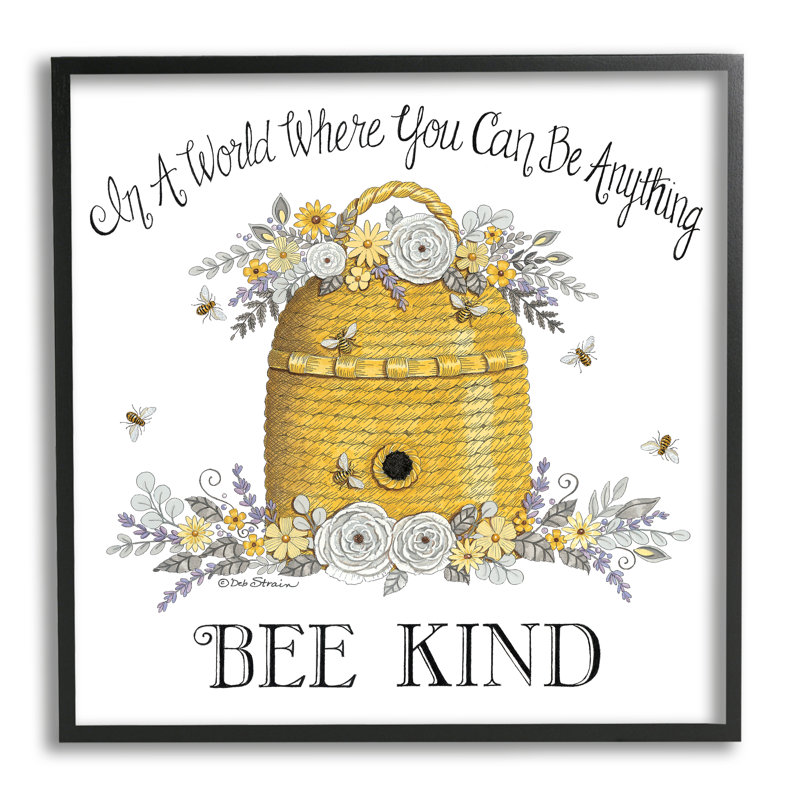 «Bee Kind Encourageant Expression Floral Decorated Hive» par Deb Strain - cadre flottant, impression sur toile, Noir