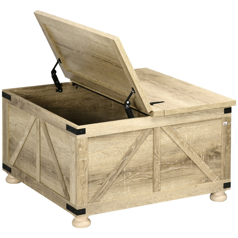 Table basse Farmhouse avec rangement, table basse carrée pour le salon, table centrale en bois avec plateau relevable à charnière et espace caché
