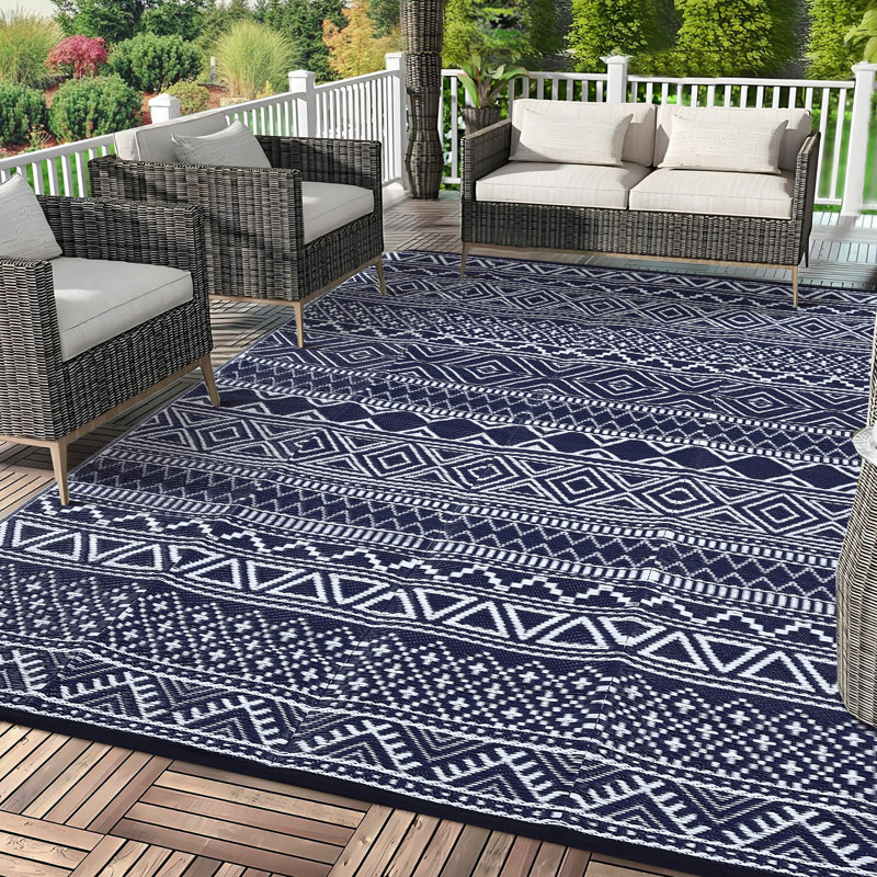 9 x 18 ft Plastic Black Blue White Rectangular Area Rug Bohemia for Beach Front Porches Patio Picnic RV Camping Garage, Navy
