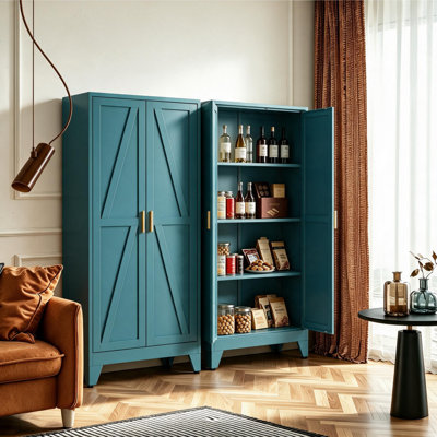 Armoire de 61 po de hauteur, fabriquée en métal. Armoire de rangement adaptée à la cuisine, avec 2 portes et 3 tablettes réglables. (Bleu)