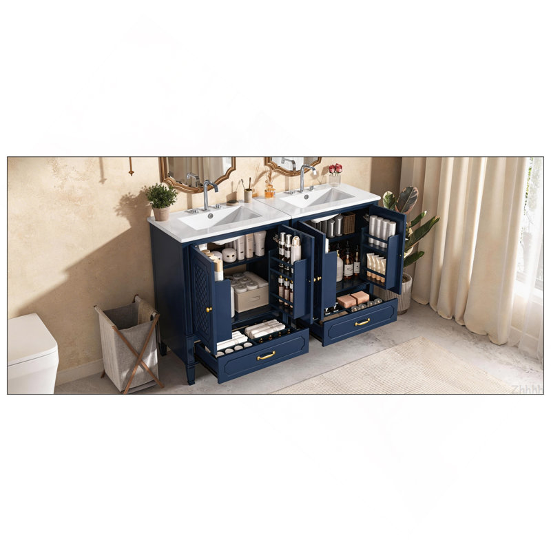 [Vidéo] Ensemble de meuble-lavabo 60 po avec lavabo double, 2 armoires avec porte, 2 tiroirs, bleu