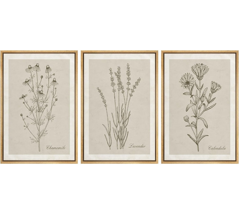 «Minimal Botanical», art moderne de fleurs sauvages vertes, images murales minimalistes florales simples, impression encadrée sur toile giclée, 3 pièces: 16 po x 24 po x 3 pièces, 24 po x 36 po x 3 pièces