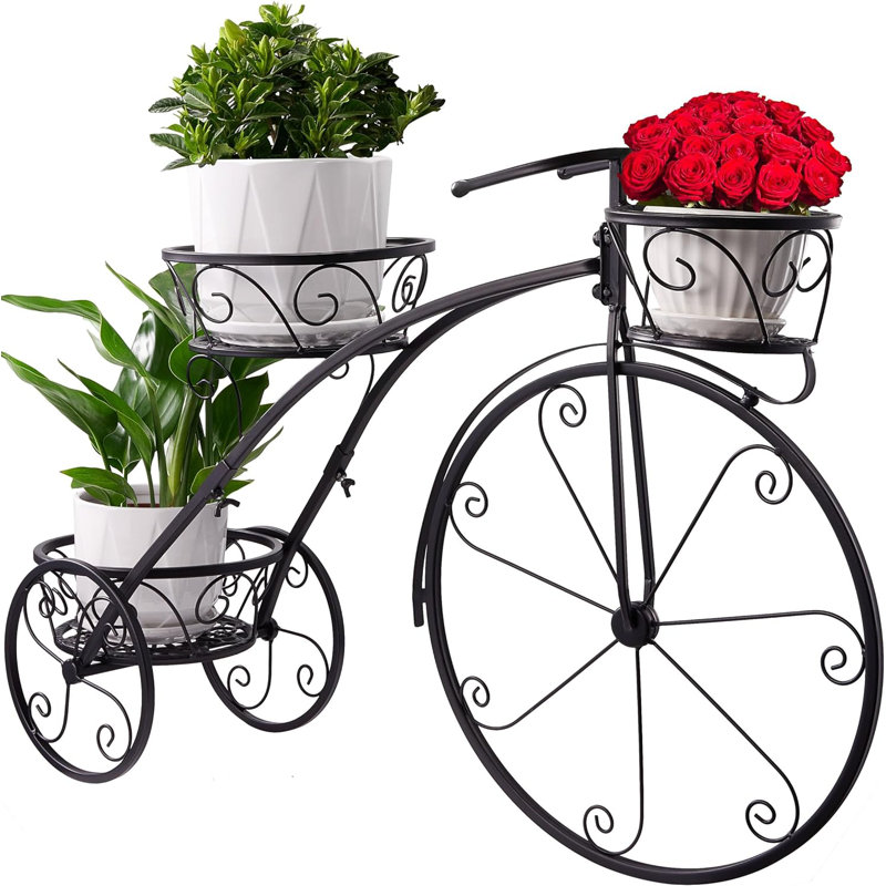 Support à plante tricycle pour 3 pots de fleurs, Noir