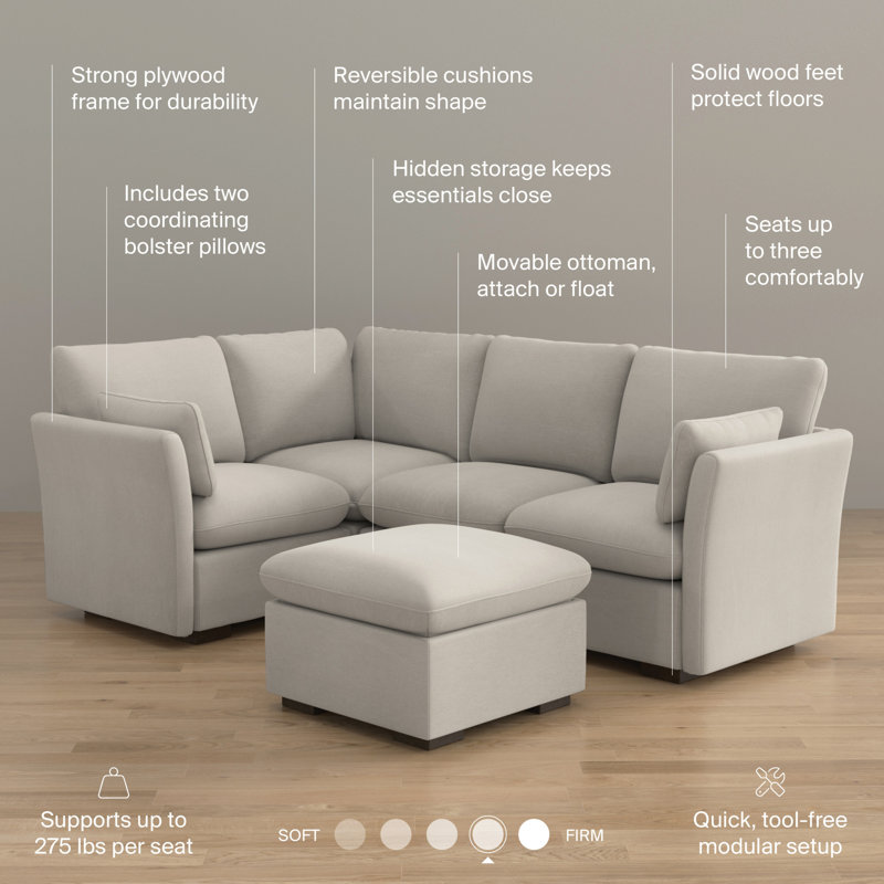 Canapé modulaire modulaire à 3 places avec repose-pieds et rangement, meubles de salon, Polyester taupe brume