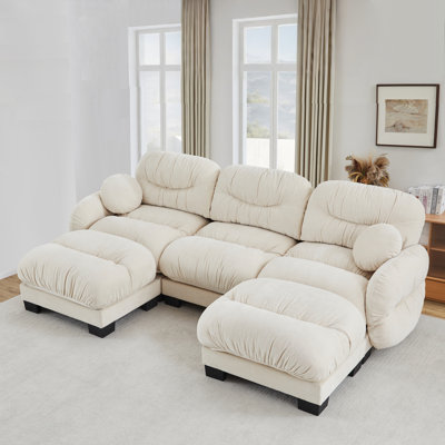 Pleated Design Cozy Chenille Fabric 3 Seater Modular Sofa With High-Density Ergonomic Foam Seat, U Shape Sectional Couch With 2 Ottomans, Curved Round Armrests And 2 Round Throw Pillows,Beige