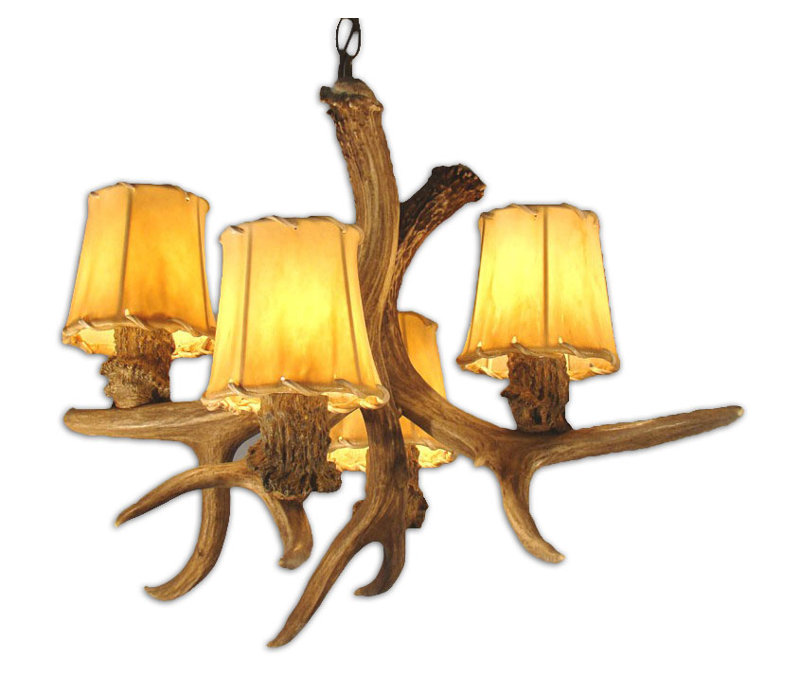 Lustre classique / traditionnel 4 lumières Musso Antler Shed Mule Deer, Noir / Brun naturel, Oui, Cuir brut
