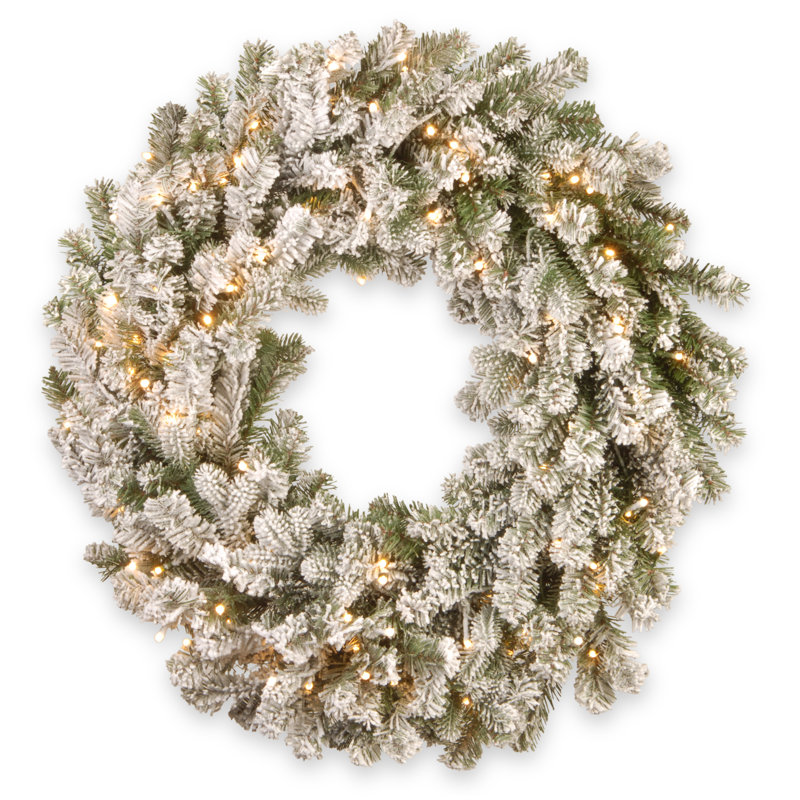 The Holiday Aisle® Snowy Sheffield Spruce Wreath with Battery Operated LED Lights, 24" H x 24" W x 5" D