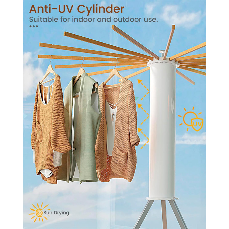 Cylinder Tripod Drying Rack - 16 Rods, Large Round, 360° Rotatable, 46" H x 44" W x 44" D, Brown/Beige